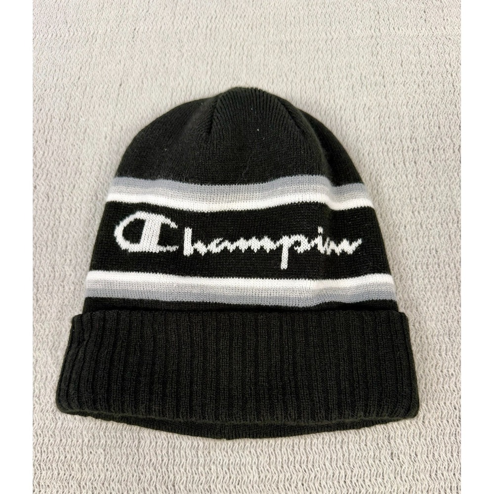 Champion Mens Cuffed Knit Beanie Hat Black Grey White Striped Logo OSFA 1158H020